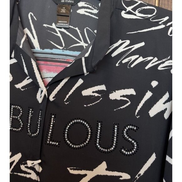 Ali Miles 1X Embellished Fabulous Wire Collar 3/4 Sleeve Button Front Tunic NEW - Picture 6 of 13